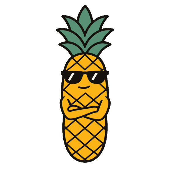 The PIÑA pineapple mascot in sunglasses, arms crossed